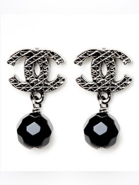Authentic CHANEL Silver-Tone Beaded CC Logo Drop Earrings